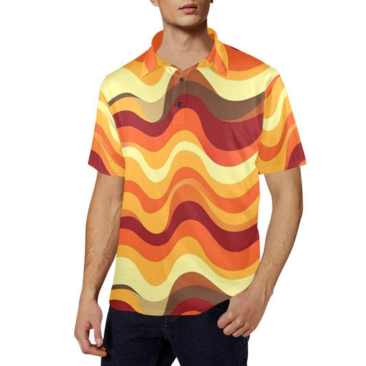 70s Retro Men Polo Collared Shirt, Orange Groovy Wavy Vintage Pattern Casual Summer Buttoned Down Up Shirt Short Sleeve Sports Golf Tee
