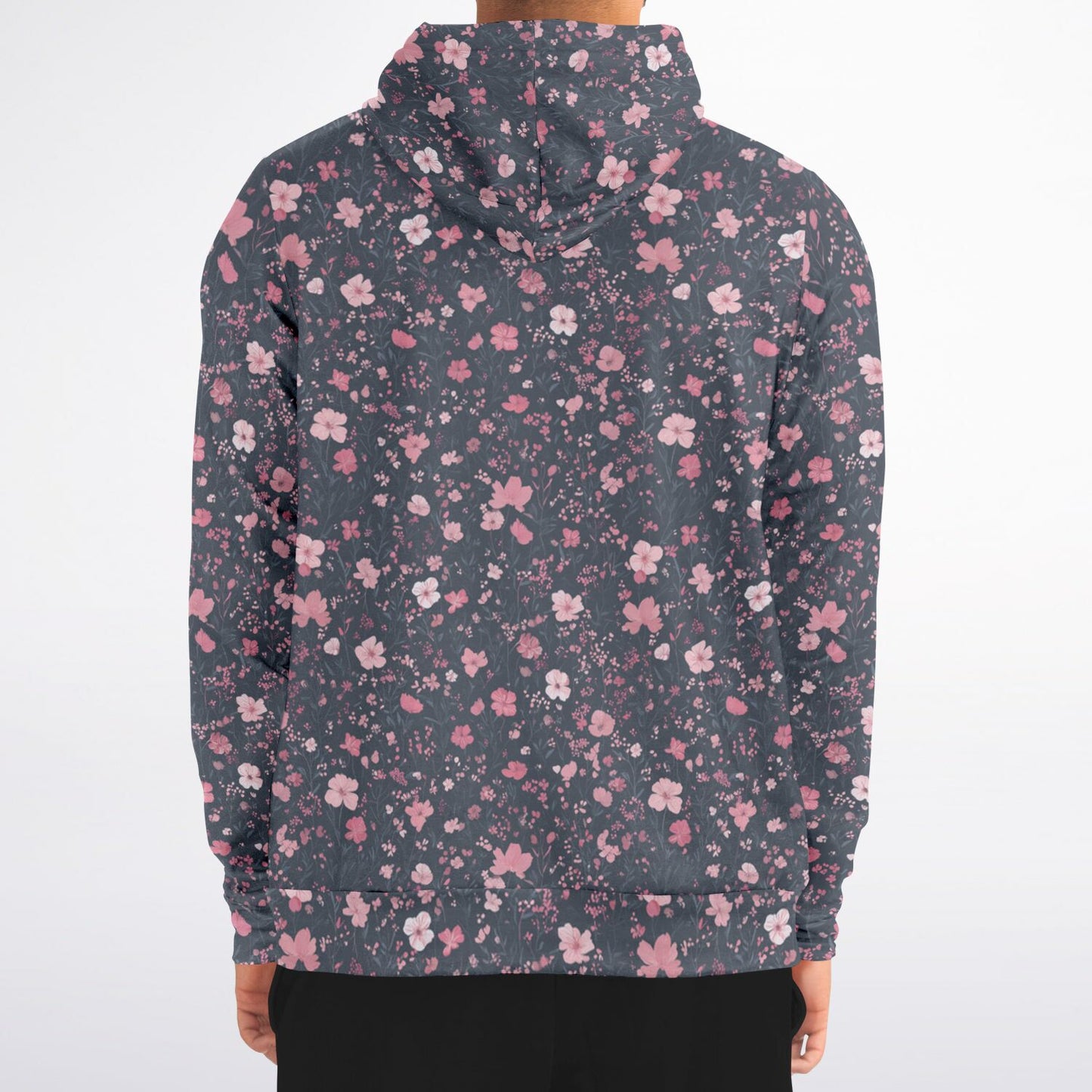 Floral Pink Zip Up Hoodie, Ditsy Flowers Full Zipper Pocket Men Women Unisex Adult Aesthetic Graphic Cotton Fleece Hooded Sweatshirt