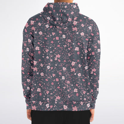 Floral Pink Zip Up Hoodie, Ditsy Flowers Full Zipper Pocket Men Women Unisex Adult Aesthetic Graphic Cotton Fleece Hooded Sweatshirt