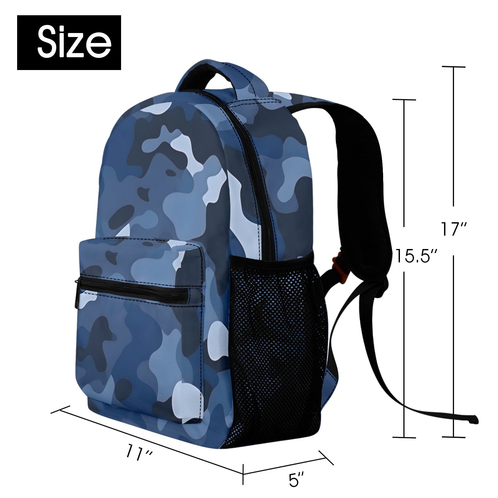 Navy Blue Camo Backpack, Camouflage Men Women Kids Gift School College Cool Waterproof Side Pockets Laptop Designer Aesthetic Bag