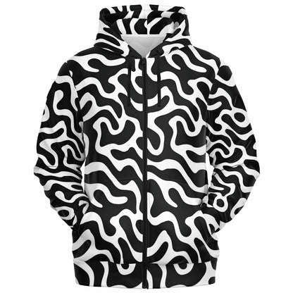 Black White Zip Up Hoodie, Trippy Psychedelic Wavy Groovy Funky Full Zipper Pocket Men Women Unisex Adult Cotton Fleece Hooded Sweatshirt