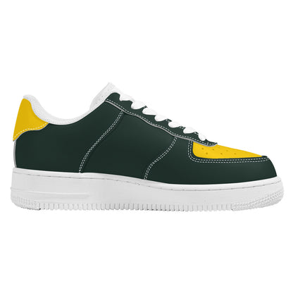 Black and Yellow Leather Shoes, Men Women Vegan Sneakers White Low Top Lace Up Custom Aesthetic Flat Ladies Casual Designer