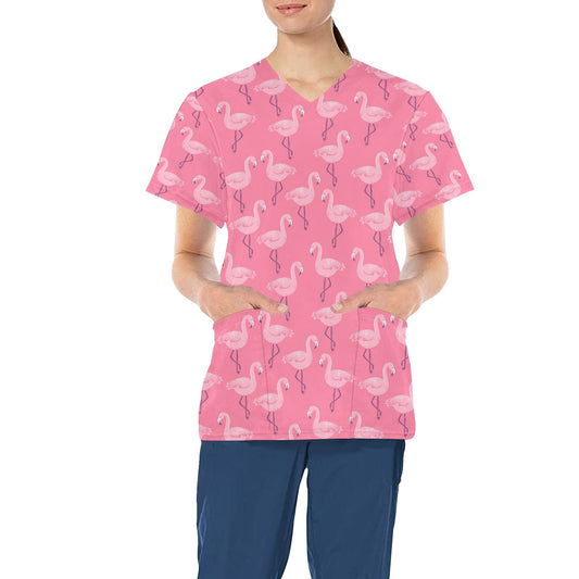 Pink Flamingo Medical Scrubs Top Women, Ladies Female Plus Size Nursing Cute Printed Nurse Vet Veterinary Assistant Uniform V Neck Pockets