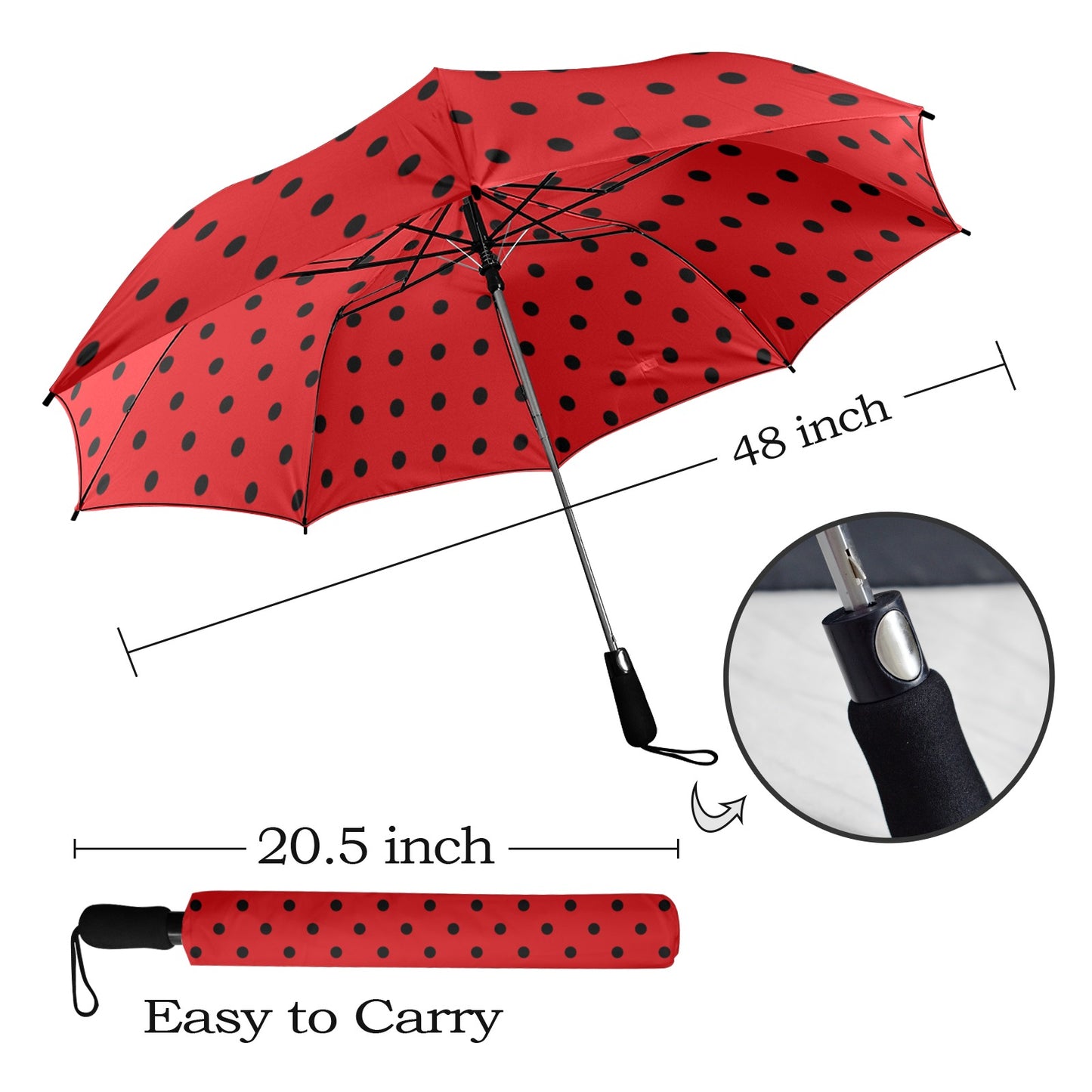 Black Red Polka Dot Umbrella, Ladybug Golf Semi-Automatic Sun Beach Rain Parasol Large Compact Travel Windproof Designer Luxury Folding - Starcove Fashion