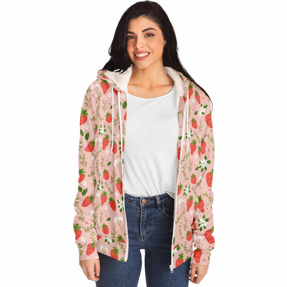 Strawberry Zip Up Fleece Lined Hoodie, Pink Floral Flowers Sherpa Heavyweight Full Zipper Men Women Unisex Graphic Hooded Sweatshirt Jacket