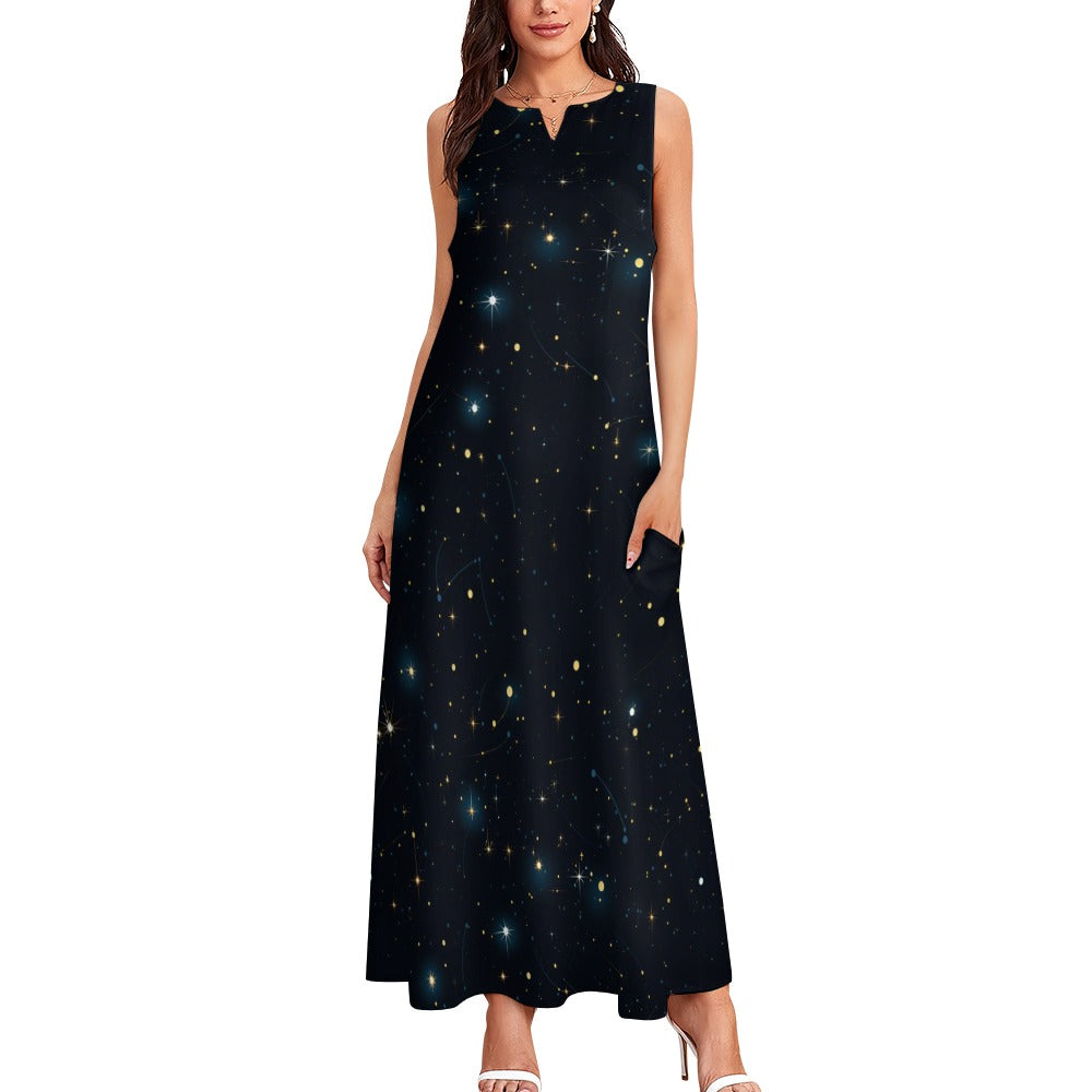Constellation Maxi Sleeveless Dress, Galaxy Universe Print Space Stars Party Handmade Celestial A Line Women Ladies Cocktail Pockets Long - Starcove Fashion