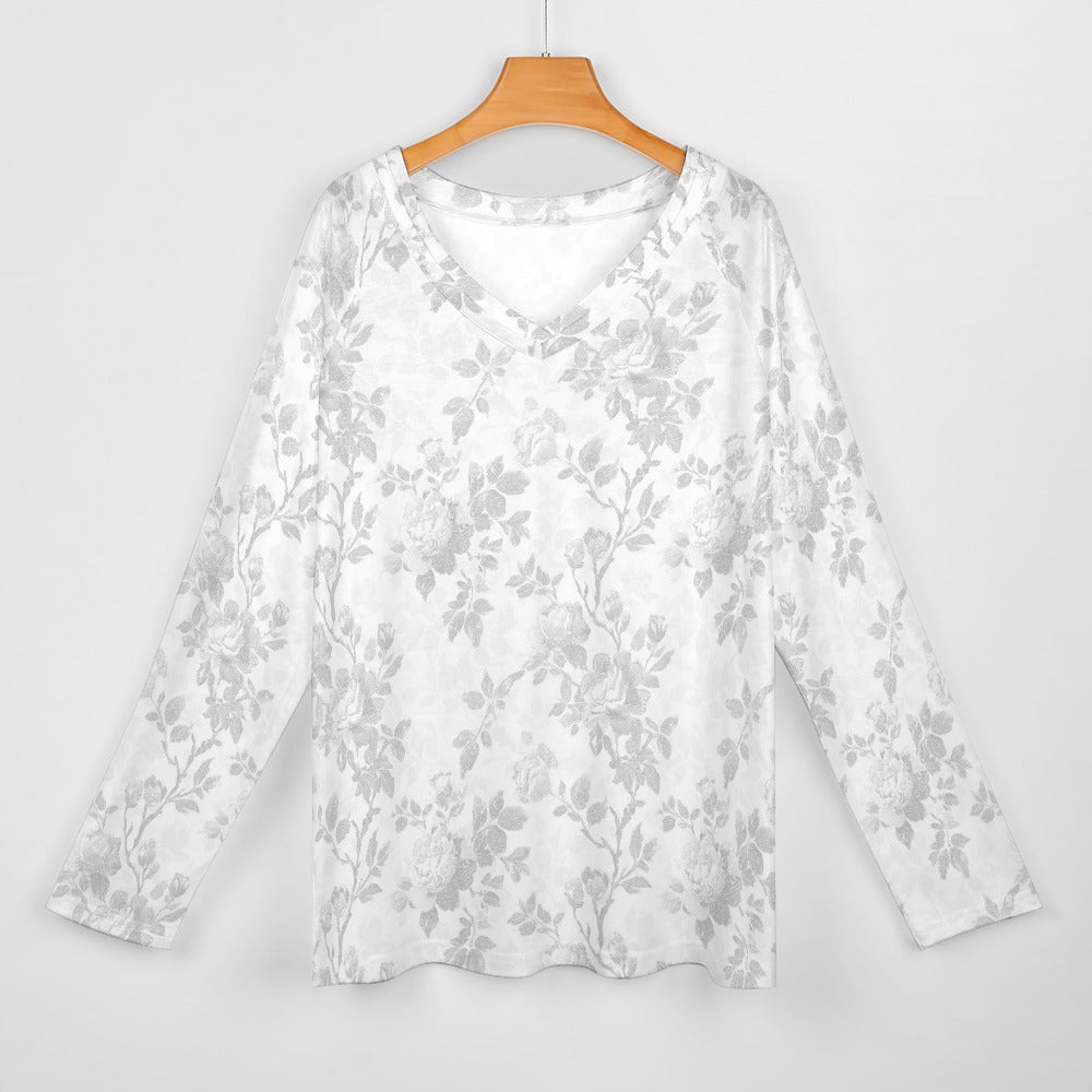 White Floral Women Long Sleeve Tshirt loose fit, Flowers Relaxed V-neck Designer Graphic Aesthetic Ladies Female Tee Top Shirt Streetwear - Starcove Fashion