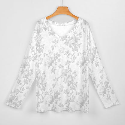 White Floral Women Long Sleeve Tshirt loose fit, Flowers Relaxed V-neck Designer Graphic Aesthetic Ladies Female Tee Top Shirt Streetwear - Starcove Fashion