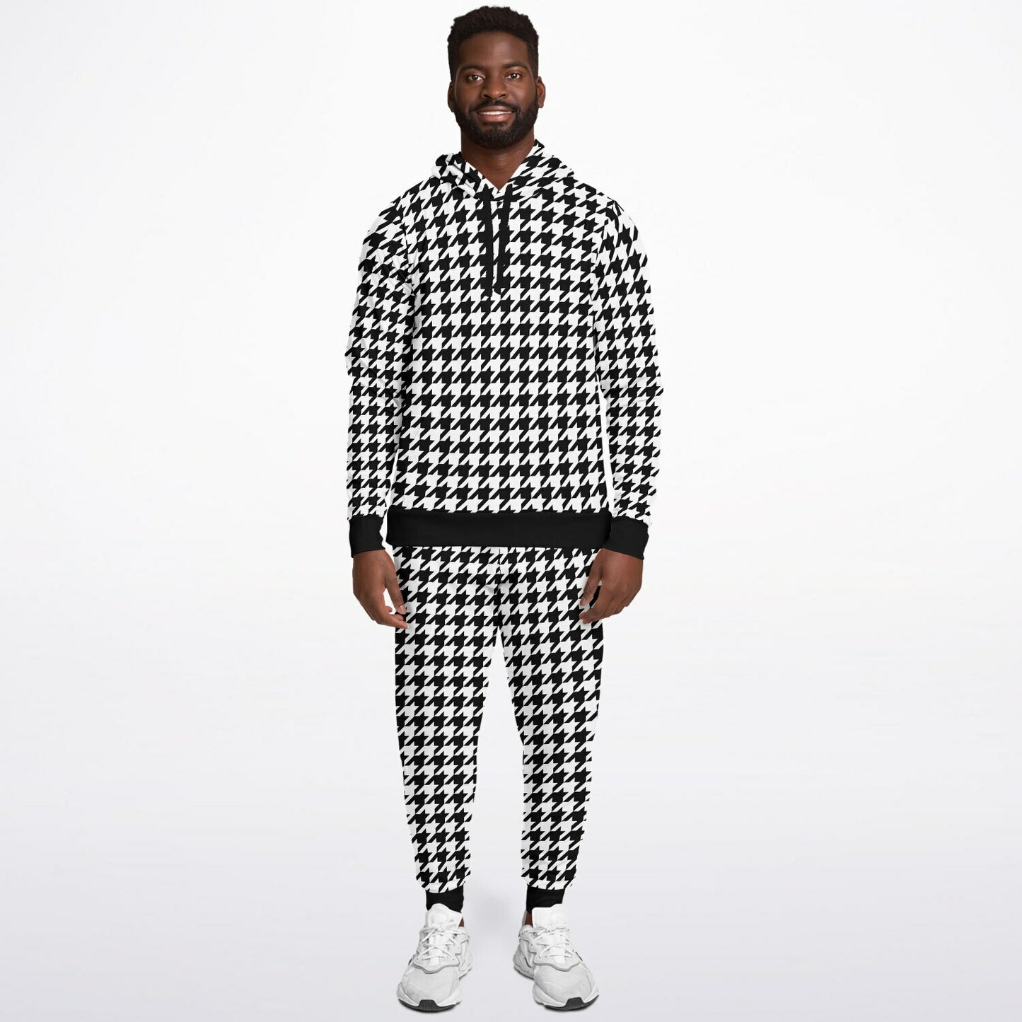 Houndstooth Hoodie Jogger Sweatsuit Set, Black White Lounge Hooded Sweatshirt Sweatpants Women Men Cotton Matching Plus Size Sweats