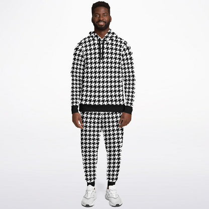 Houndstooth Hoodie Jogger Sweatsuit Set, Black White Lounge Hooded Sweatshirt Sweatpants Women Men Cotton Matching Plus Size Sweats