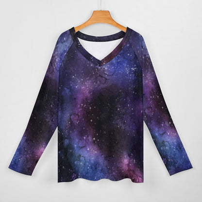 Galaxy Space Women Long Sleeve Tshirt loose fit, Stars Purple Universe Relaxed V-neck Designer Aesthetic Ladies Female Tee Top Shirt