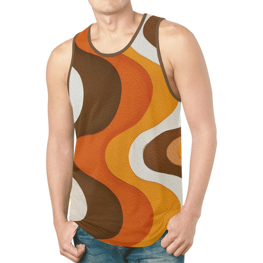 70s Wavy Tank Top Shirt, Retro Stripe Vintage Brown Men Guys Male Sleeveless Festival Workout Fitness Sports Summer Muscle Graphic Tee