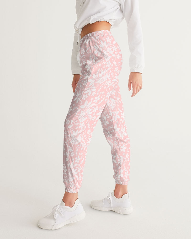 Pink White Floral Women Track Pants, Flowers Female Sports Exercise Zip Pockets Quick Dry Elastic Waist Windbreaker Tracksuit Joggers Ladies