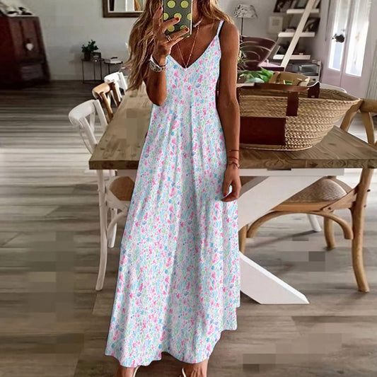 Pink White Maxi Dress, Floral Paint Long Spaghetti Straps Women Sleeveless Casual Cute Designer Elegant Plus Size Cocktail Party Summer - Starcove Fashion