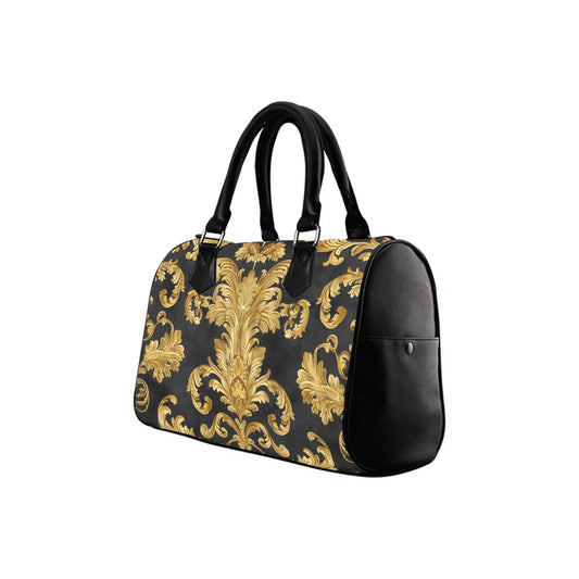 Baroque Handbag, Luxury Vintage Gold Black Abstract Print Canvas and Leather Top Handle Barrel Boston Designer Women Ladies Purse Bag