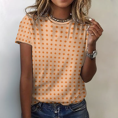Orange Polka Dots Women Cotton Tshirt, Peach Ladies Female Designer Adult Graphic Aesthetic Fashion Fitted Crewneck Tee Shirt Top - Starcove Fashion