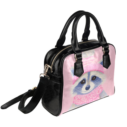 Pink Raccoon Purse, Cute Animal Print Small Shoulder Black Vegan Leather Women Ladies Designer Zipper Strap Handbag Crossbody Bag