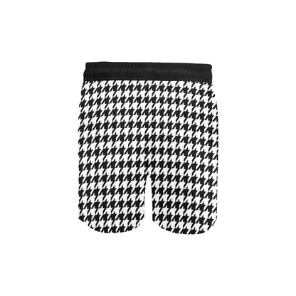Houndstooth Men Mid Length Shorts, Black White Pattern Beach Swim Trunks with Pockets & Mesh Drawstring Boys Casual Bathing Suit Summer