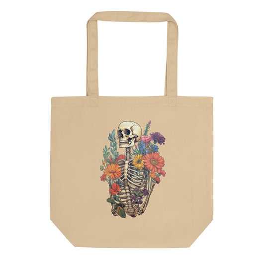 Skeleton Flowers Tote Bag, Floral Cute Organic Cotton Designer Travel Reusable Aesthetic Shoulder Med Science Student Bag