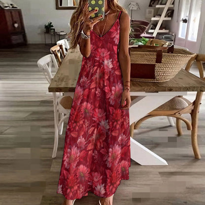Red Floral Maxi Dress, Flowers Long Spaghetti Straps Flowy Women Sleeveless Casual Cute Designer Elegant Plus Size Cocktail Party Summer