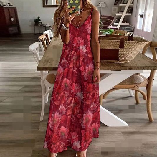 Red Floral Maxi Dress, Flowers Long Spaghetti Straps Flowy Women Sleeveless Casual Cute Designer Elegant Plus Size Cocktail Party Summer