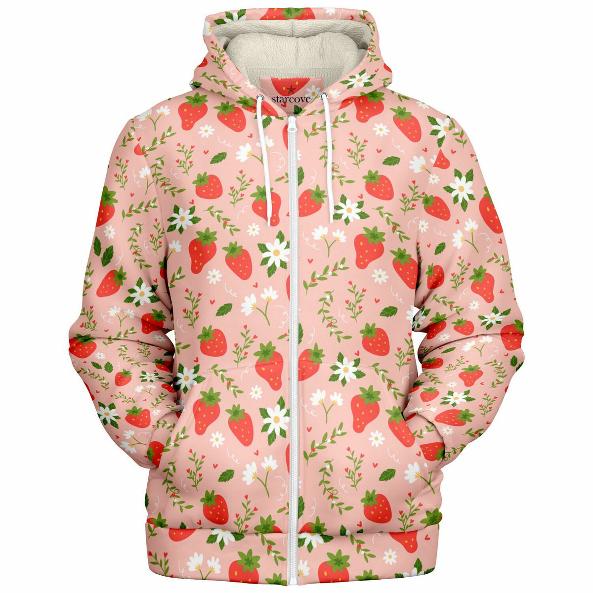 Strawberry Zip Up Fleece Lined Hoodie, Pink Floral Flowers Sherpa Heavyweight Full Zipper Men Women Unisex Graphic Hooded Sweatshirt Jacket