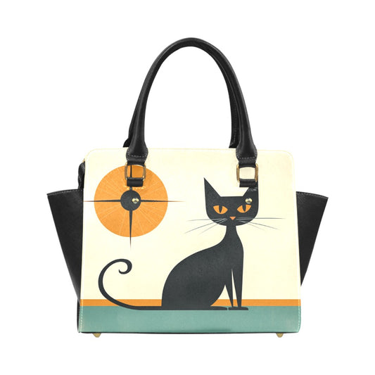 Mid Century Modern Cat Leather Purse Handbag, Sunburst Print Vintage Designer Women Ladies Satchel Top Zip Handle Black Bag Shoulder Strap
