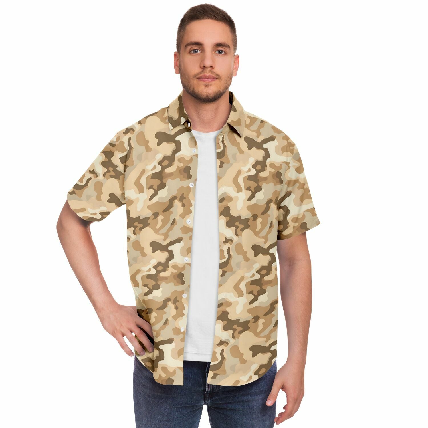 camo button up dress shirt Desert Camo Men Button Up Shirt, Camouflage Light Brown Short Sleeve Print Casual Buttoned Down Summer Male Guys Collared Designer Dress S