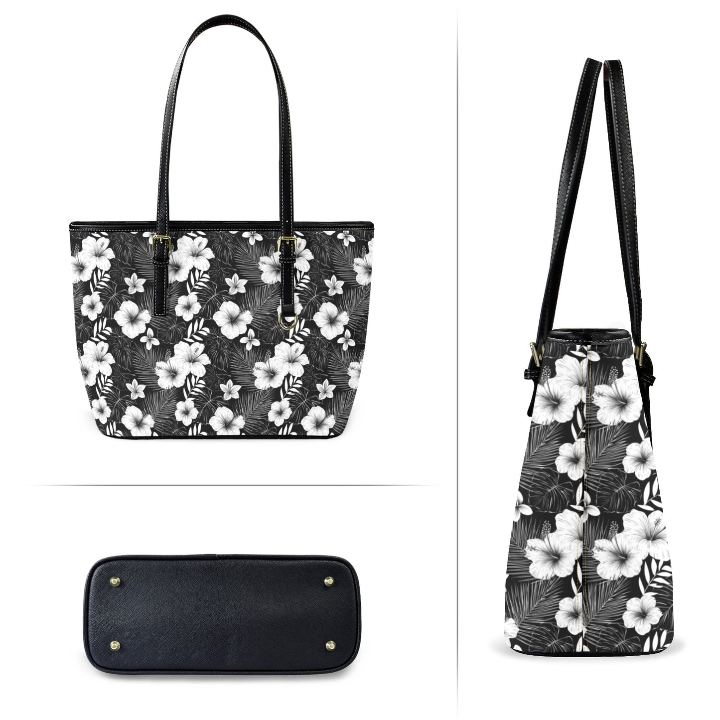Black White Floral Tote Bag Purse, Hibiscus Flowers Art Women Vegan Leather Handbag  Zip on Top Designer Handmade Shoulder Ladies Bag
