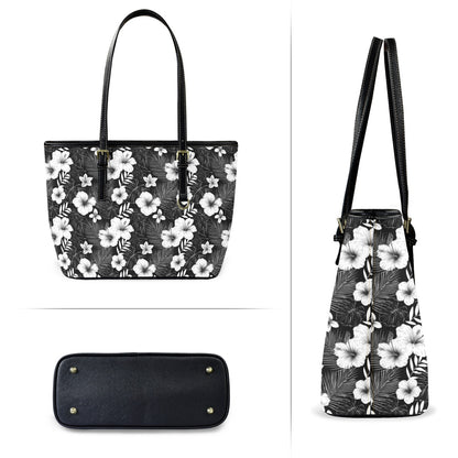 Black White Floral Tote Bag Purse, Hibiscus Flowers Art Women Vegan Leather Handbag  Zip on Top Designer Handmade Shoulder Ladies Bag