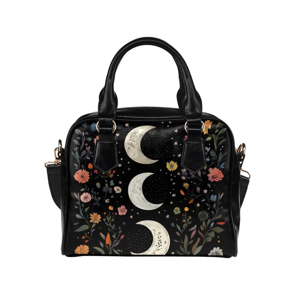 Moon Celestial Purse, Stars Constellation Space Black Floral Flowers Small Shoulder Zip Bag Vegan Leather Women Designer Crossbody Handbag