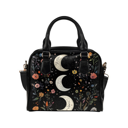 Moon Celestial Purse, Stars Constellation Space Black Floral Flowers Small Shoulder Zip Bag Vegan Leather Women Designer Crossbody Handbag