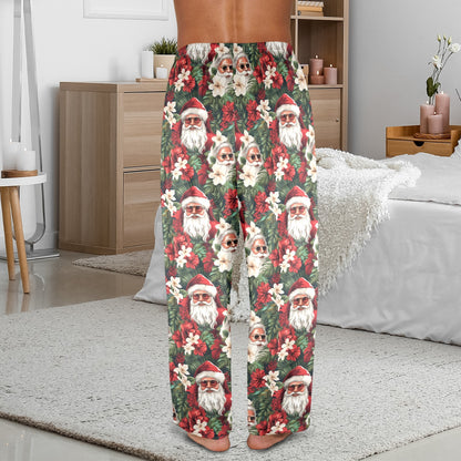 Santa Claus Men Pajamas Pants, Christmas Xmas Green Vintage Retro PJ Pockets Sleep Lounge Trousers Guys Male Plus Size Sleepwear Bottoms