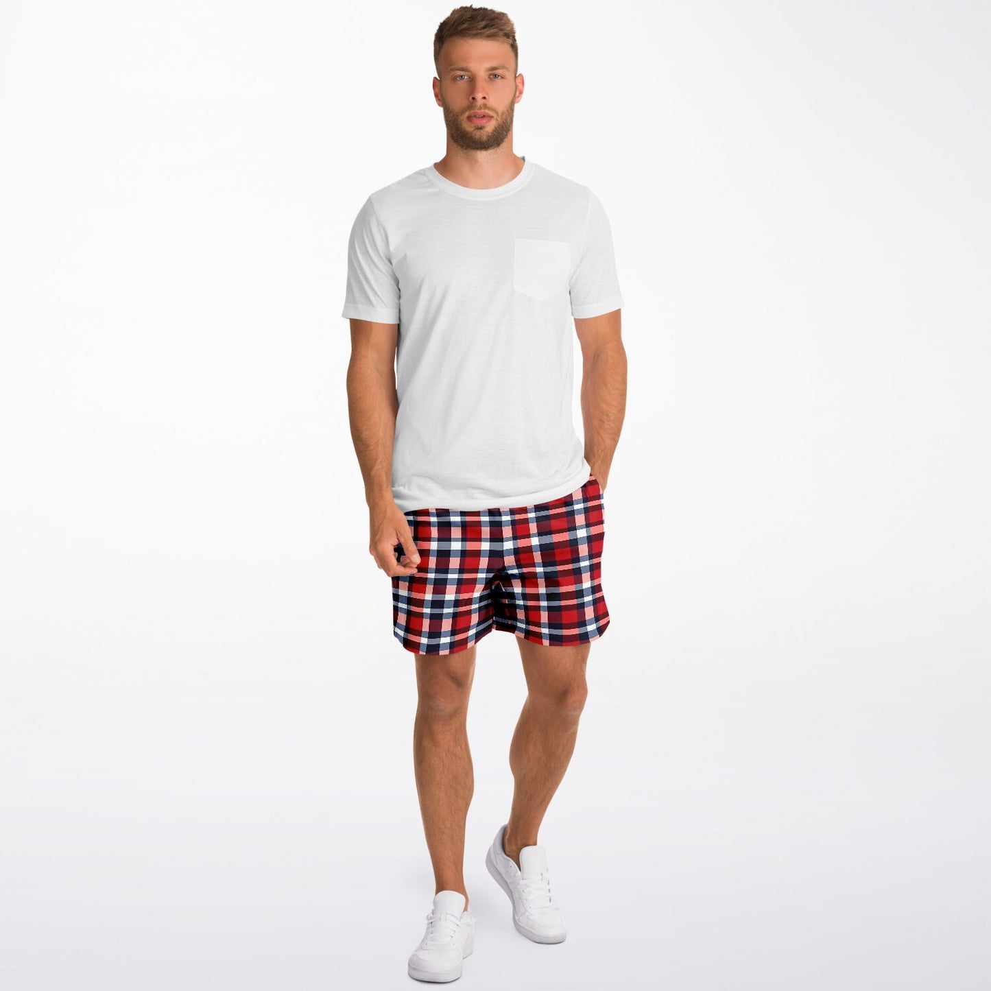 Buffalo Plaid Men Shorts, Red White Blue Tartan Check Beach Casual with Pockets 7 Inch Inseam Drawstring Casual Designer Summer