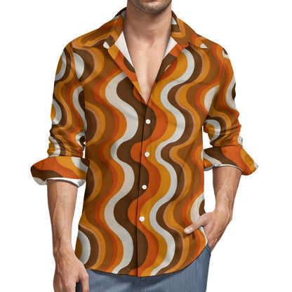 70s Wavy Stripes Long Sleeve Men Button Up Shirt, Retro Vintage Brown Orange Print Buttoned Down Collar Casual Dress 1970 Disco Chest Pocket
