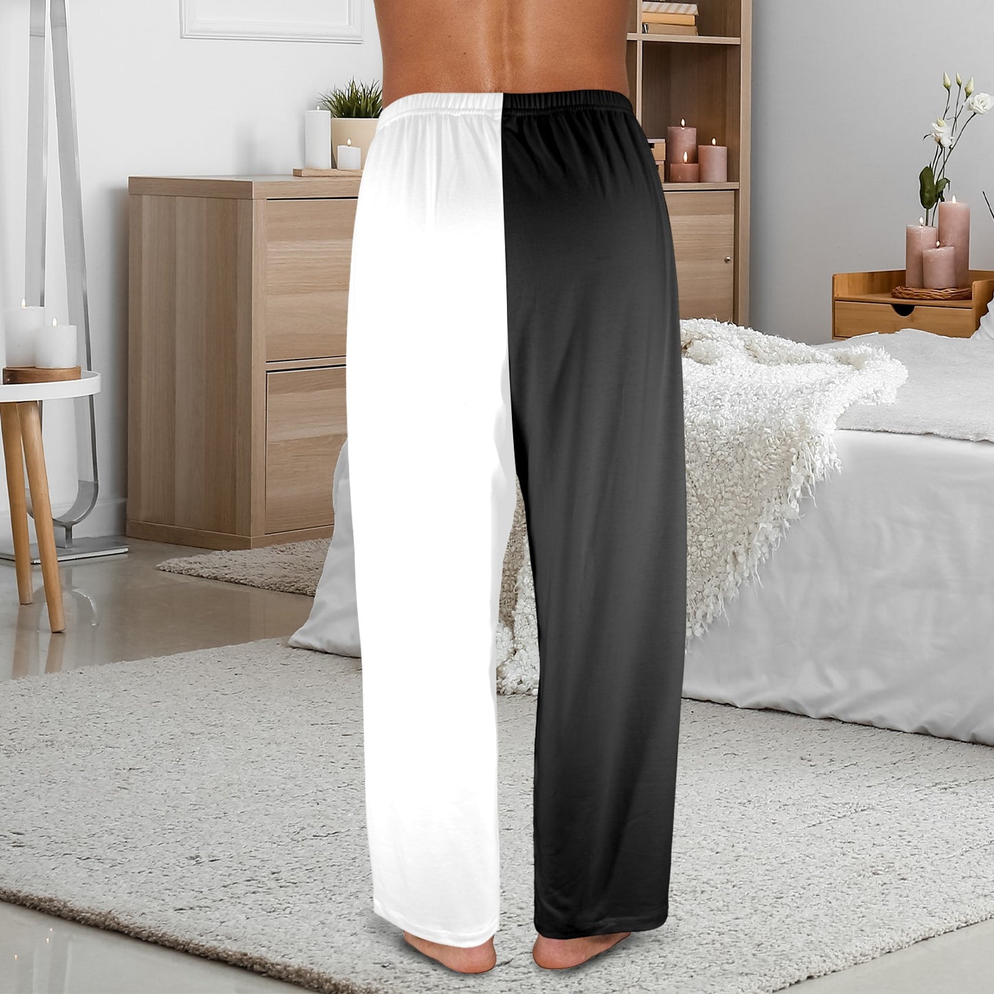 Half Black Half White Men Pajamas Pants, Black White Two Tone Color Split PJ Pockets Sleep Trousers Couples Washable Trousers Bottoms
