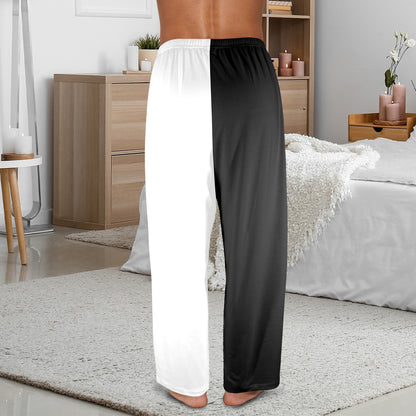 Half Black Half White Men Pajamas Pants, Black White Two Tone Color Split PJ Pockets Sleep Trousers Couples Washable Trousers Bottoms