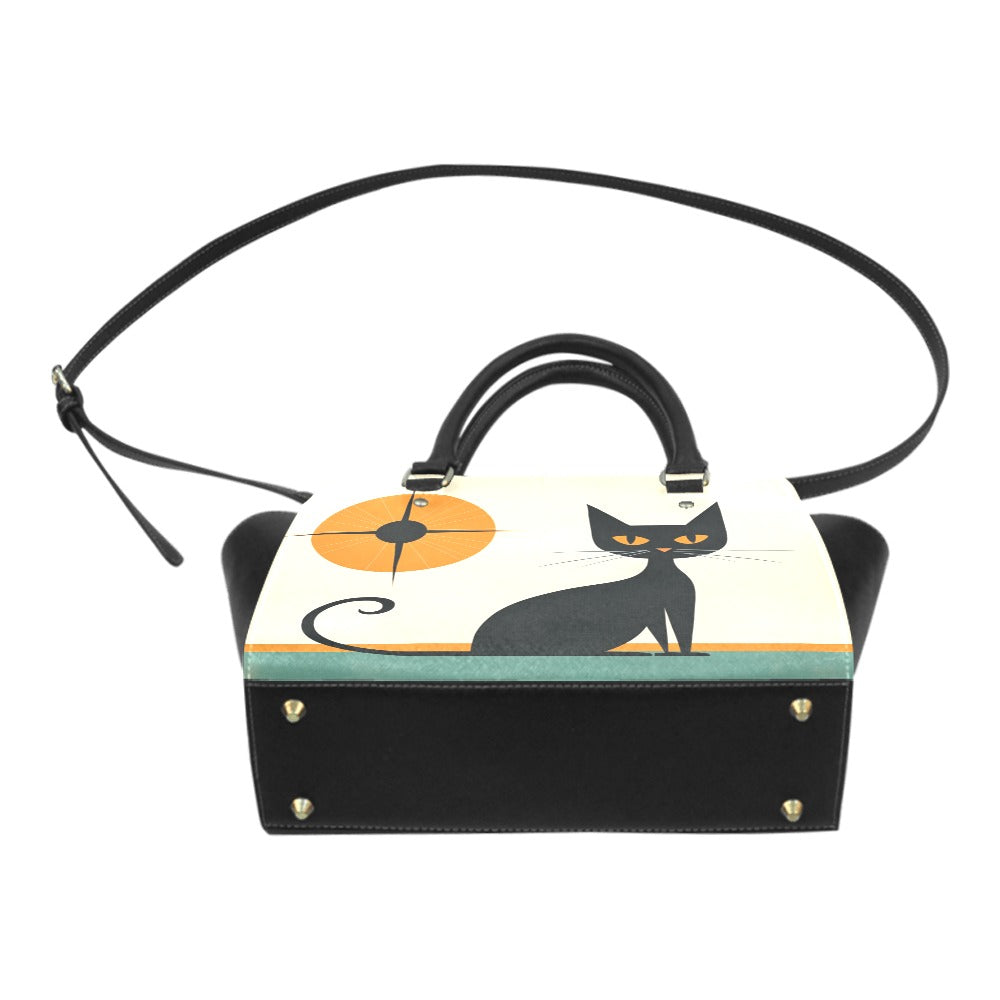 Mid Century Modern Cat Leather Purse Handbag, Sunburst Print Vintage Designer Women Ladies Satchel Top Zip Handle Black Bag Shoulder Strap