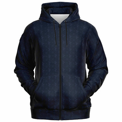 Navy Blue Zip Up Hoodie, Geometric Monogram Pattern Full Zipper Pocket Men Women Unisex Aesthetic Graphic Cotton Fleece Hooded Sweatshirt - Starcove Fashion