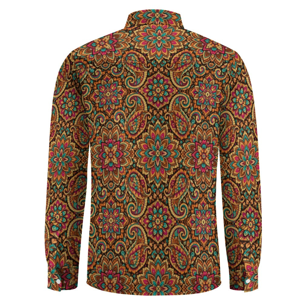 Mandala Paisley Long Sleeve Men Button Up Shirt, Retro Vintage Guys Male Print Buttoned Down Collared Casual Dress Plus Size Chest Pocket