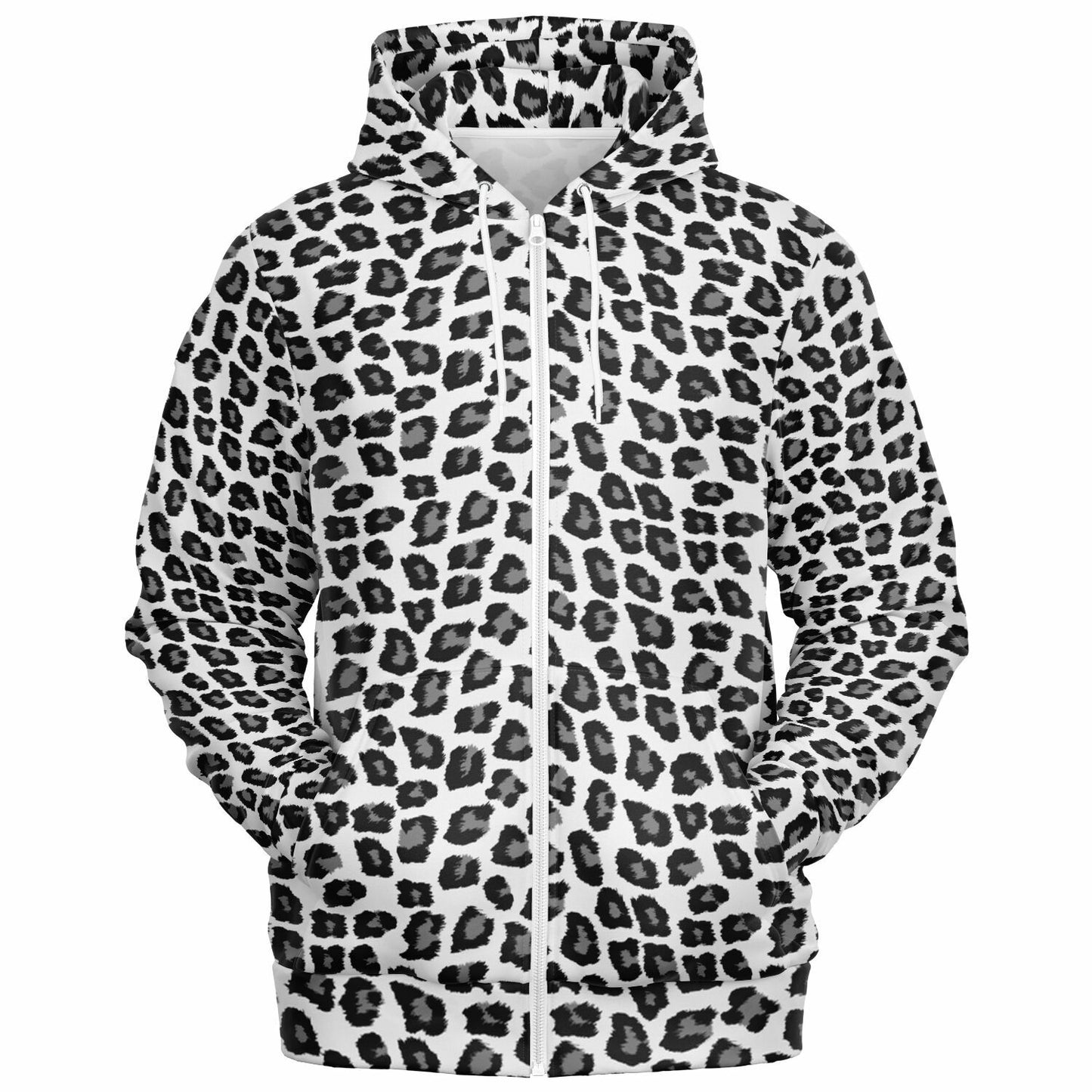 Snow Leopard Zip Up Hoodie, Black White Animal Print Full Zipper Pocket Men Women Unisex Adult Graphic Cotton Fleece Hooded Sweatshirt