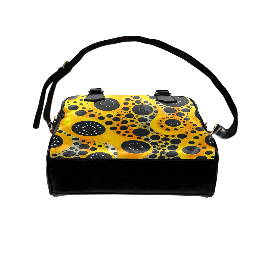 Yellow Dots Purse, Abstract Art Black Retro Pattern Cute Small Shoulder Zip Bag Vegan Leather Women Designer Handbag Crossbody Ladies