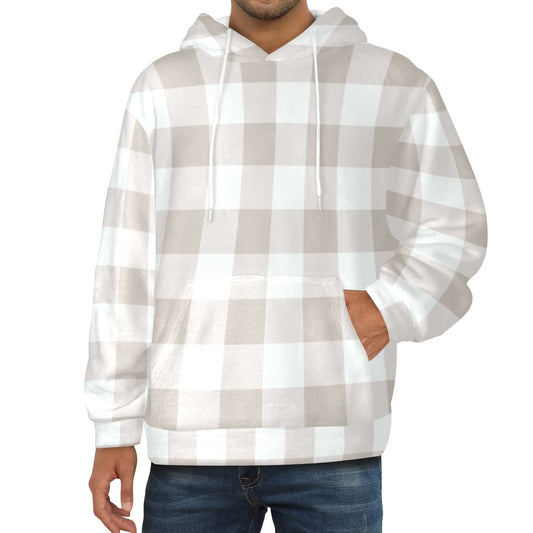 Beige White Buffalo Plaid Flannel Hoodie, Cream Check Fleece Lined Heavyweight Pocket Men Women Unisex Graphic Hooded Sweatshirt Jacket