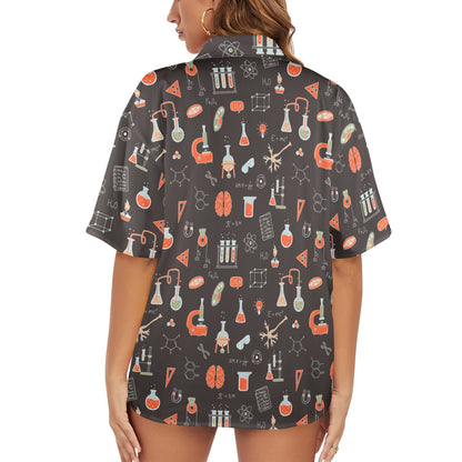 Science Geek Women Hawaiian shirt, Medicine Nerdy Labo Summer Tropical Print Vintage Hawaii Aloha Button Up Down Plus Size Ladies Blouse - Starcove Fashion