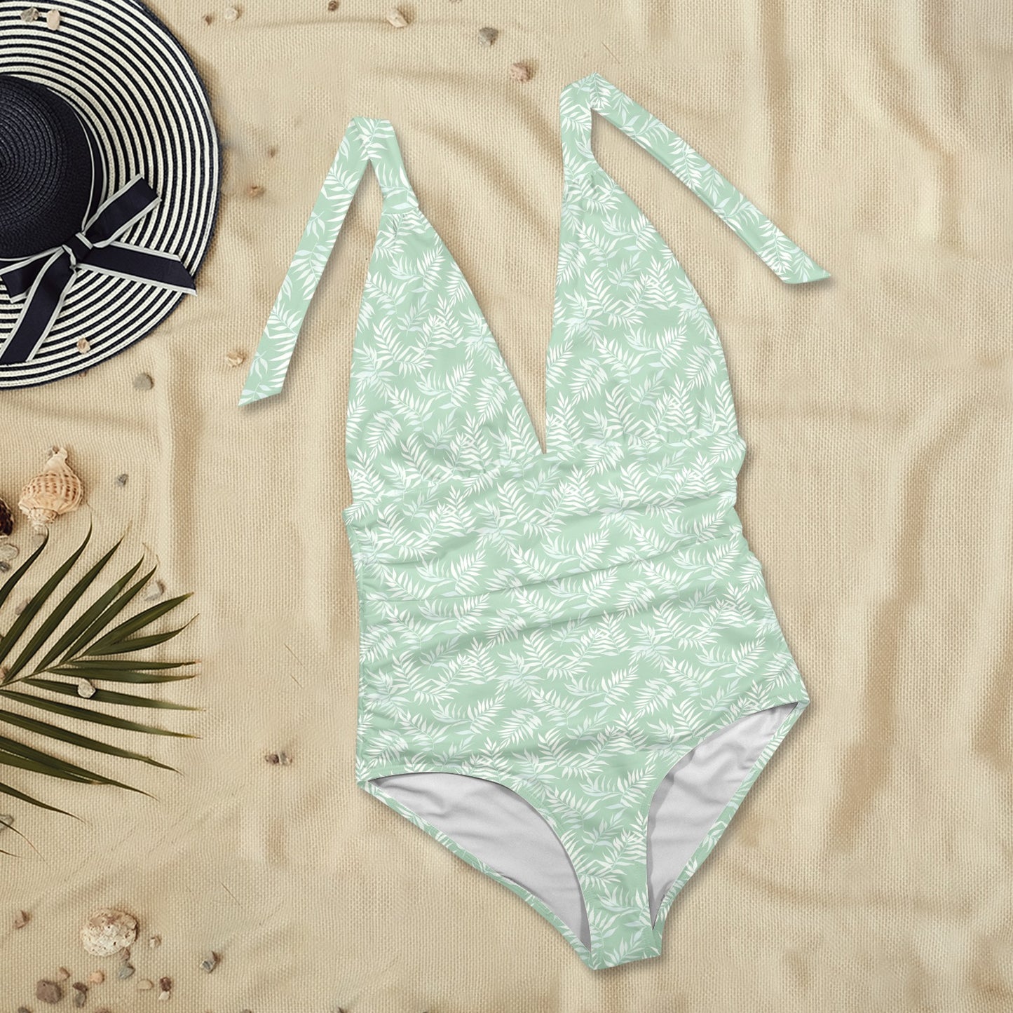 Green One Piece Swimsuit Women, Sage Mint Tropical Leaf Plunge Halter Backless Designer Swim Swimming Sexy Bathing Suits Ladies Swimwear