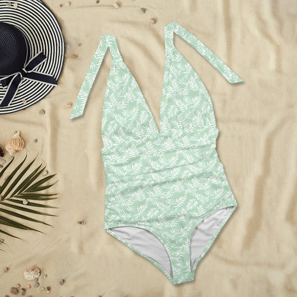Green One Piece Swimsuit Women, Sage Mint Tropical Leaf Plunge Halter Backless Designer Swim Swimming Sexy Bathing Suits Ladies Swimwear