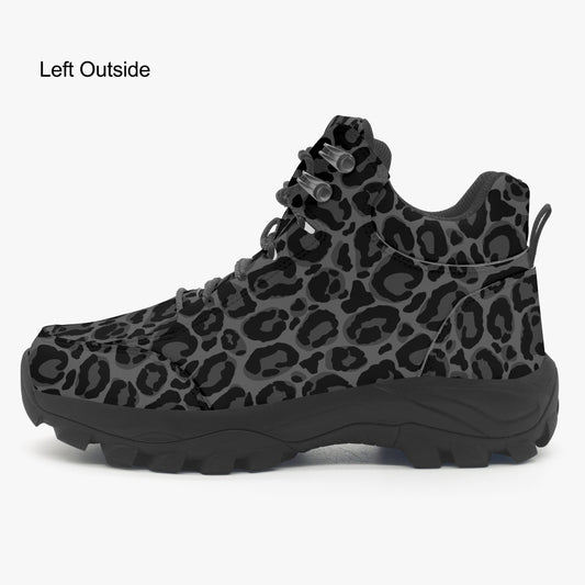 Black Leopard Hiking Leather Boots, Grey Animal Cheetah Print Men Women Lace Up Walking Hunting Rubber Shoes Print Ankle Winter Casual Work Starcove Fashion