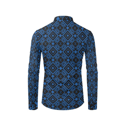 Black Blue Geometric Long Sleeve Men Button Up Shirt, Abstract Modern Print Casual Buttoned Collared Designer Dress Shirt Chest Pocket
