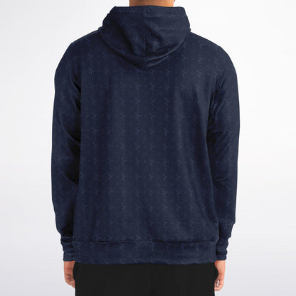 Navy Blue Zip Up Hoodie, Geometric Monogram Pattern Full Zipper Pocket Men Women Unisex Aesthetic Graphic Cotton Fleece Hooded Sweatshirt - Starcove Fashion