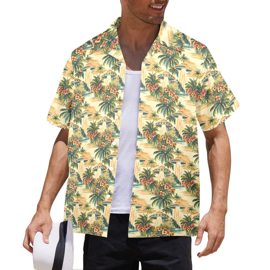 Ufo Men Hawaiian shirt, Alien Yellow Green Floral Palm Tree Vintage Aloha Hawaii Retro Summer Tropical Beach Plus Size Guys Button Down